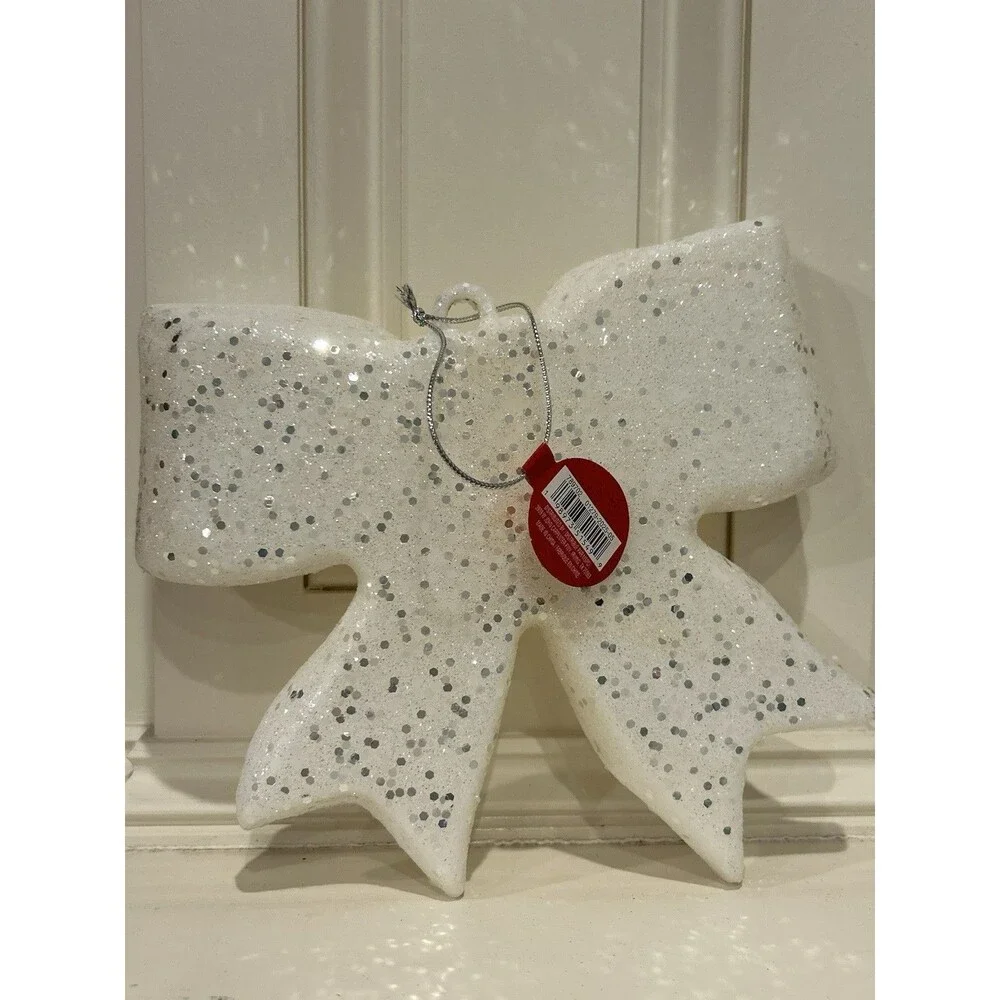 Ashland Christmas Jumbo Bow Ornament White Glitter Decorative 8”x 8